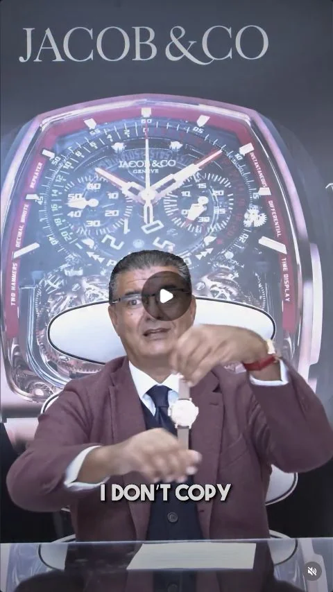 Jacob Arabo beneath a Jacob & Co watch image and a statement about originality.