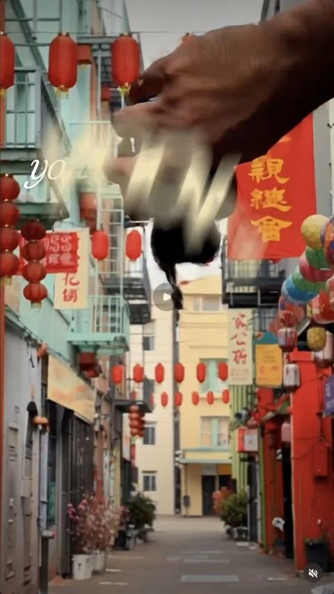 A surreal giant hand reaching into a street scene in an AI visual hook.