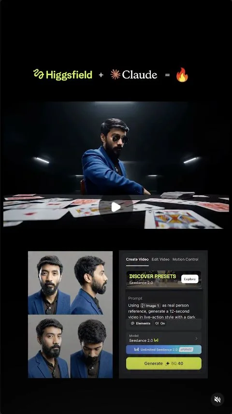 A creator showing an AI workflow with software interface examples.