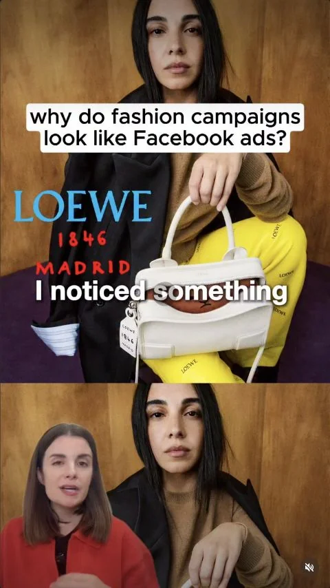 Alex Greifeld discussing luxury creative over a Loewe campaign image.
