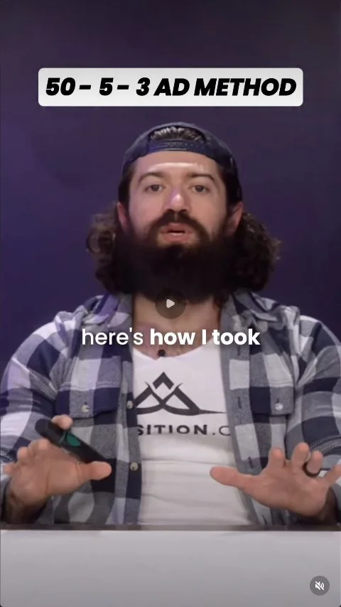 Alex Hormozi beneath the on-screen 50–5–3 ad method title.